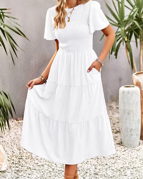 Elastics Solid Color Loose Short Sleeves Round-neck Midi Dresses