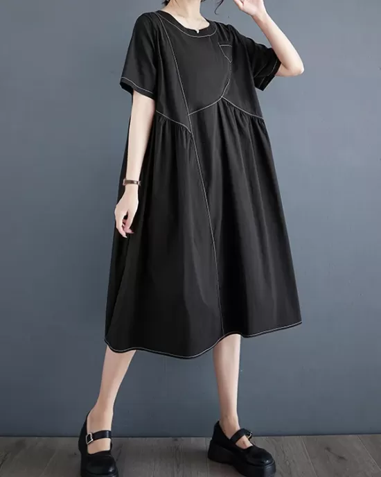 Asymmetric Pleated Pockets Solid Color Split-Joint A-line Loose Round-neck Midi Dresses