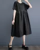 Asymmetric Pleated Pockets Solid Color Split-Joint A-line Loose Round-neck Midi Dresses