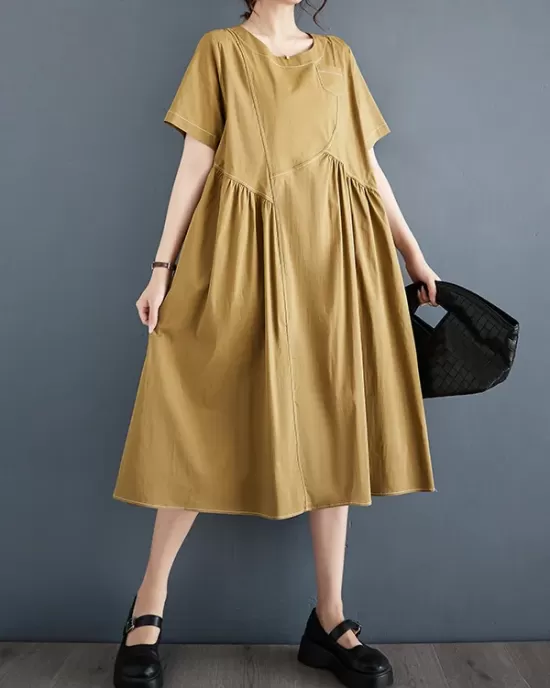 Asymmetric Pleated Pockets Solid Color Split-Joint A-line Loose Round-neck Midi Dresses