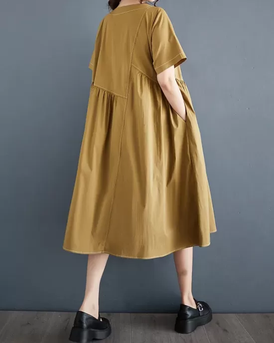 Asymmetric Pleated Pockets Solid Color Split-Joint A-line Loose Round-neck Midi Dresses