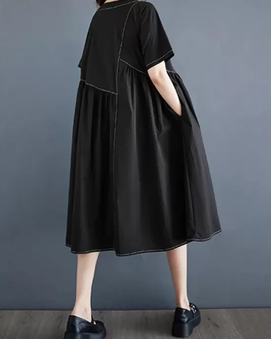 Asymmetric Pleated Pockets Solid Color Split-Joint A-line Loose Round-neck Midi Dresses