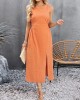 Hollow Solid Color Split-side Sleeveless Round-neck Midi Dresses