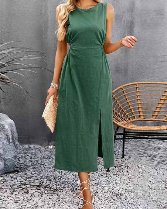 Hollow Solid Color Split-side Sleeveless Round-neck Midi Dresses