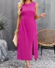 Hollow Solid Color Split-side Sleeveless Round-neck Midi Dresses