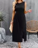 Hollow Solid Color Split-side Sleeveless Round-neck Midi Dresses