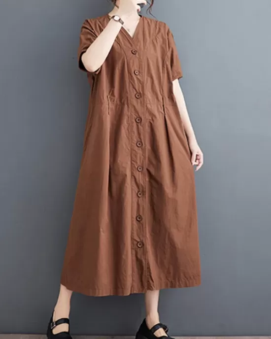 Buttoned Pockets Solid Color A-Line Loose V-Neck Midi Dresses