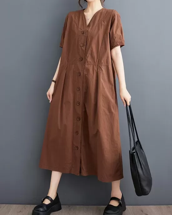 Buttoned Pockets Solid Color A-Line Loose V-Neck Midi Dresses