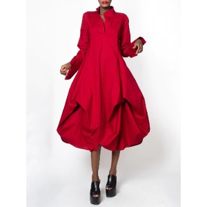 Stylish Loose Stand-Collar Long Sleeves Midi Dress