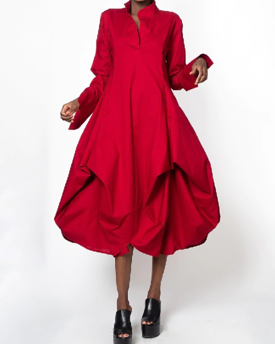 Stylish Loose Stand-Collar Long Sleeves Midi Dress