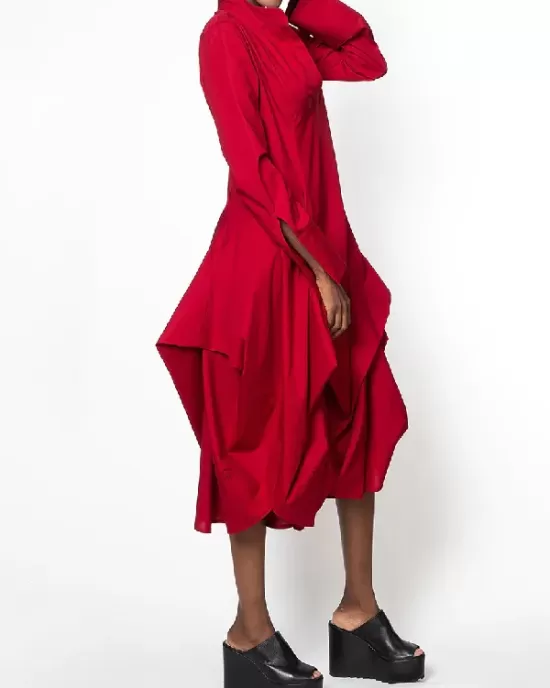 Stylish Loose Stand-Collar Long Sleeves Midi Dress