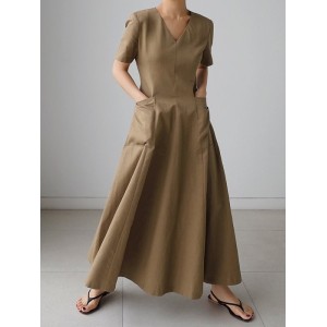 Simple Casual Solid Color Pleated Midi Dress