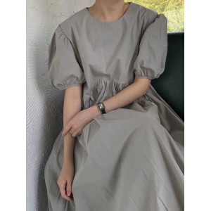 Original Loose Solid Color Pleated Puff Sleeves Midi Dress