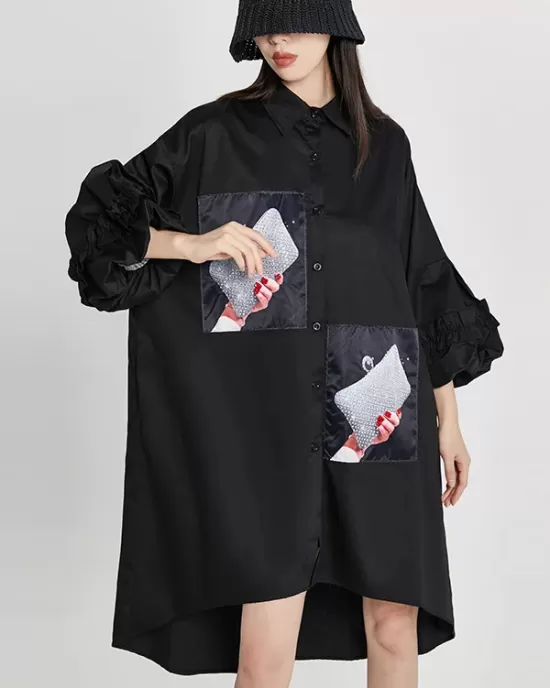 Loose High-Low Irregular Applique Shirt Dress Midi Dress