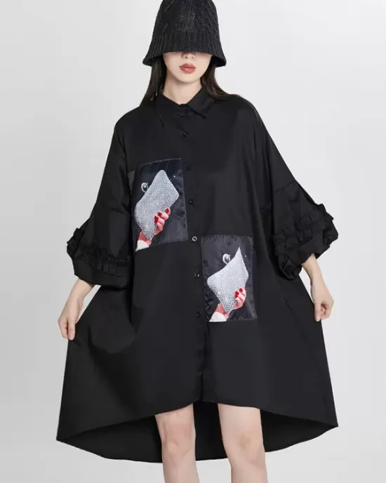 Loose High-Low Irregular Applique Shirt Dress Midi Dress