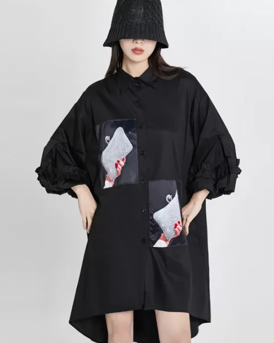 Loose High-Low Irregular Applique Shirt Dress Midi Dress