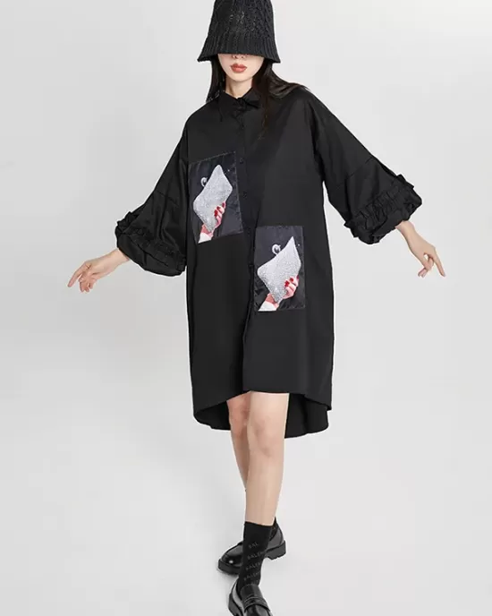 Loose High-Low Irregular Applique Shirt Dress Midi Dress