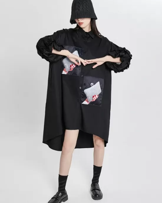 Loose High-Low Irregular Applique Shirt Dress Midi Dress