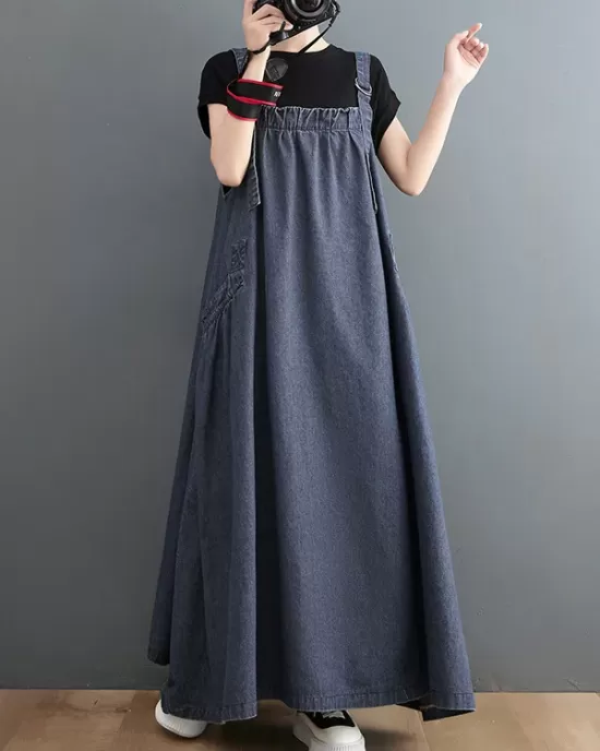 Vintage Loose Artistic Retro Solid Color Strap Denim Midi Dress