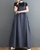 Vintage Loose Artistic Retro Solid Color Strap Denim Midi Dress