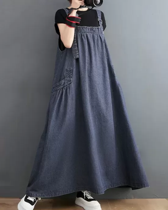 Vintage Loose Artistic Retro Solid Color Strap Denim Midi Dress