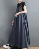 Vintage Loose Artistic Retro Solid Color Strap Denim Midi Dress