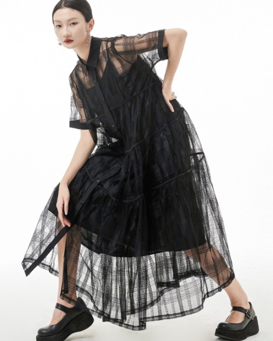 Original Solid Color Hollow See-Through Thin Midi Dress