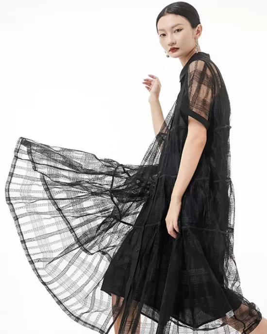 Original Solid Color Hollow See-Through Thin Midi Dress