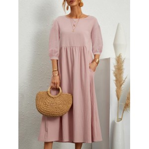 11 Colors Simple Round-Neck Solid Color Midi Dress