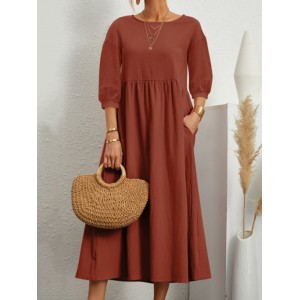 11 Colors Simple Round-Neck Solid Color Midi Dress