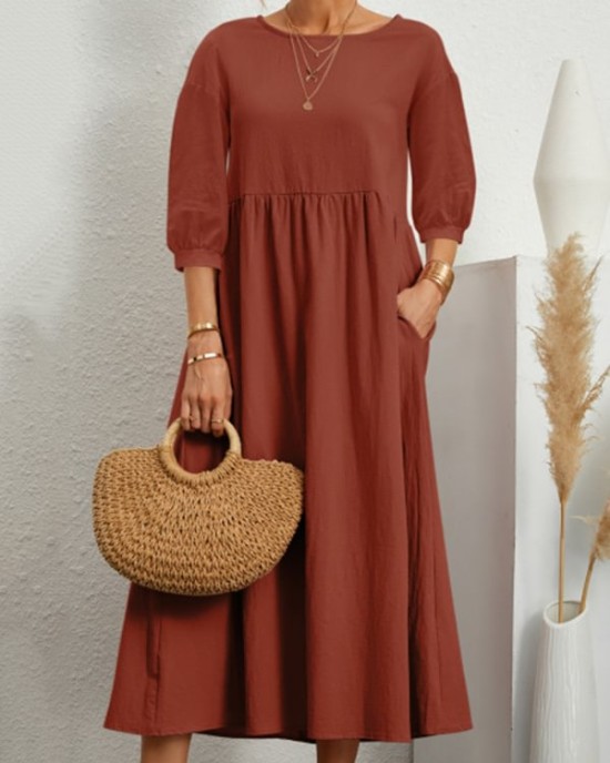 11 Colors Simple Round-Neck Solid Color Midi Dress