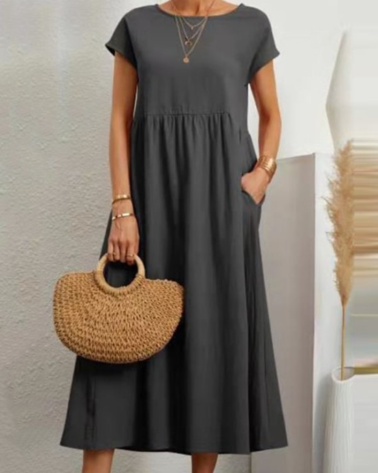 11 Colors Simple Round-Neck Solid Color Midi Dress