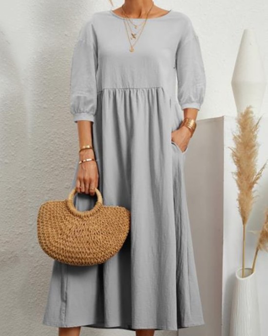 11 Colors Simple Round-Neck Solid Color Midi Dress