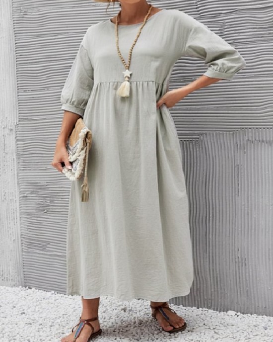 11 Colors Simple Round-Neck Solid Color Midi Dress