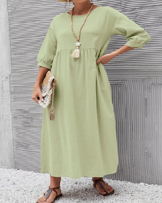 11 Colors Simple Round-Neck Solid Color Midi Dress