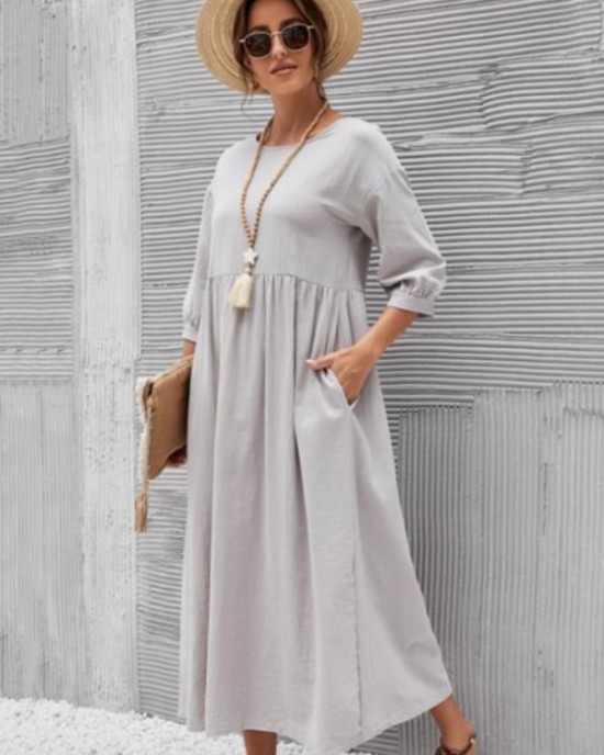 11 Colors Simple Round-Neck Solid Color Midi Dress