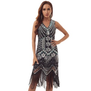 Evening H-Line Beads Sequined Tasseled Midi Dresses