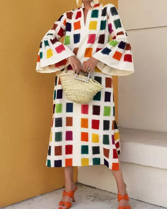 Original Flared Sleeves Split-Joint Multi-Colored Plaid Midi Dress