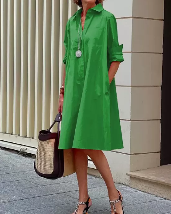 Simple Long Sleeves Solid Color Lapel Midi Dress