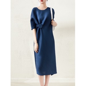 Stylish Irregularity Loose Pleated Solid Color Round-Neck Midi Dresses