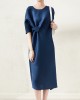 Stylish Irregularity Loose Pleated Solid Color Round-Neck Midi Dresses