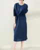 Stylish Irregularity Loose Pleated Solid Color Round-Neck Midi Dresses