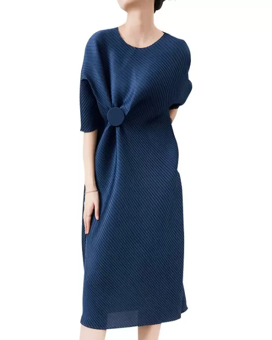 Stylish Irregularity Loose Pleated Solid Color Round-Neck Midi Dresses