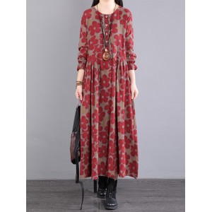 Casual Long Sleeves Loose Floral Printed Round-Neck Midi Dresses