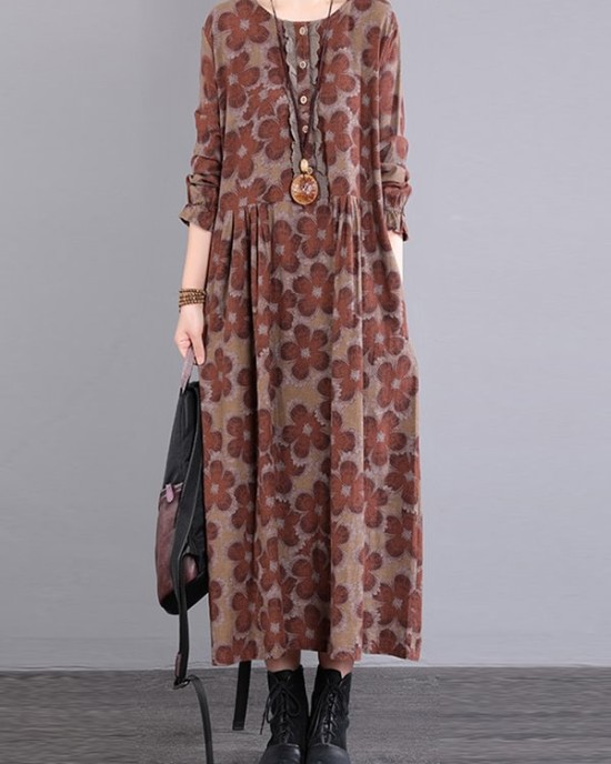 Casual Long Sleeves Loose Floral Printed Round-Neck Midi Dresses