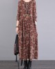 Casual Long Sleeves Loose Floral Printed Round-Neck Midi Dresses