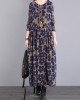 Casual Long Sleeves Loose Floral Printed Round-Neck Midi Dresses