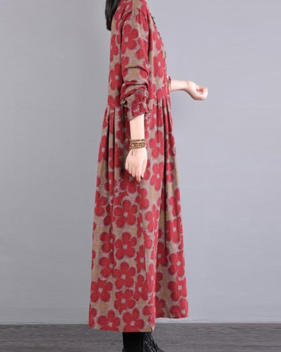 Casual Long Sleeves Loose Floral Printed Round-Neck Midi Dresses