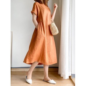 Casual Loose Solid Color Round-Neck Midi Dresses