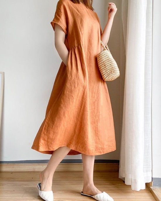 Casual Loose Solid Color Round-Neck Midi Dresses